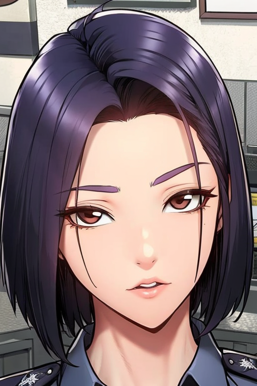 01780-1486160550-_lora_JYNQluojiaying-10_0.8_,Purple short hair,brownish red eyes,blue police uniform,belt,black suit pants,.png
